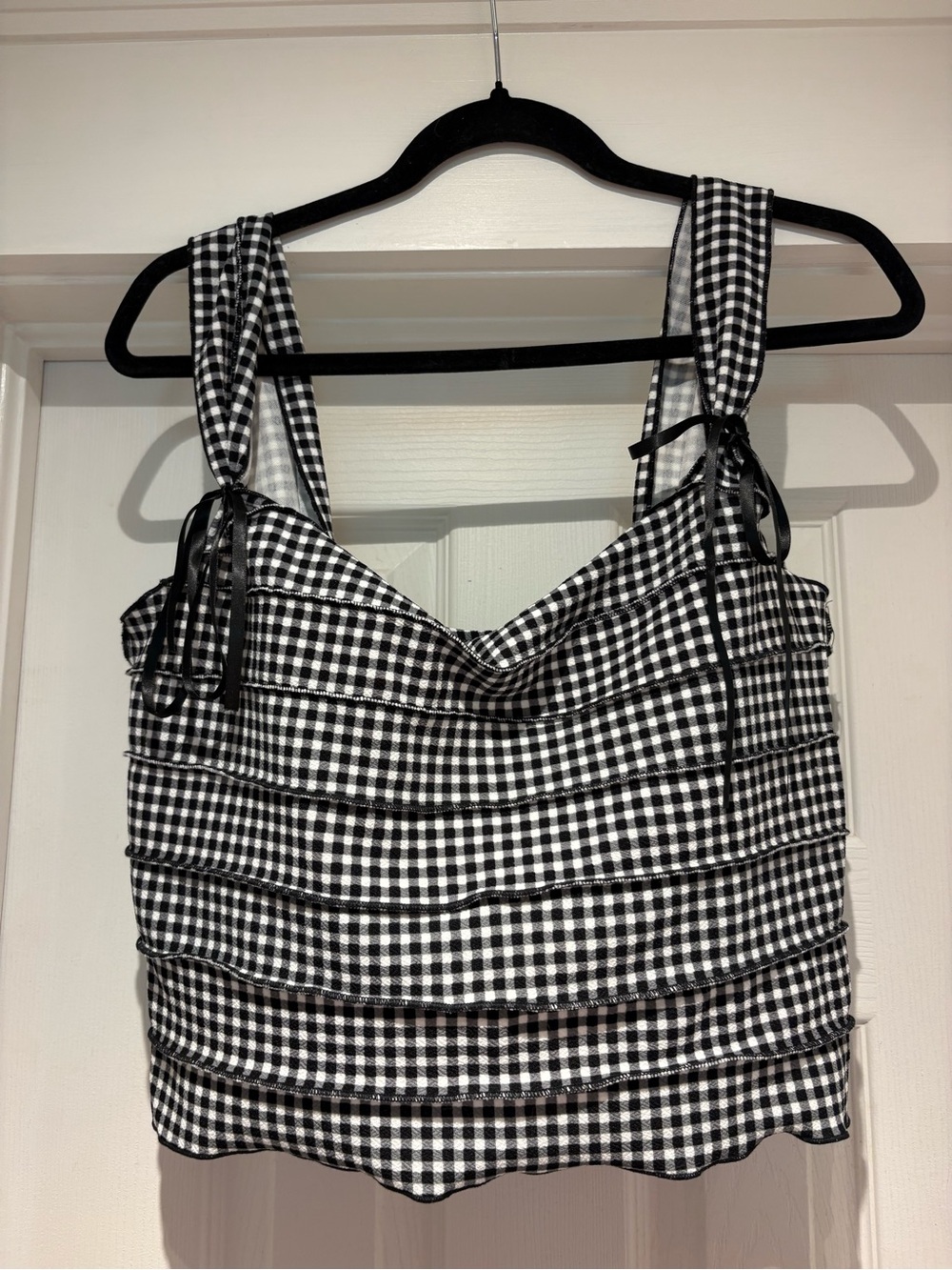 SHEIN Black & White Gingham Ruffle Tie-Shoulder Camisole